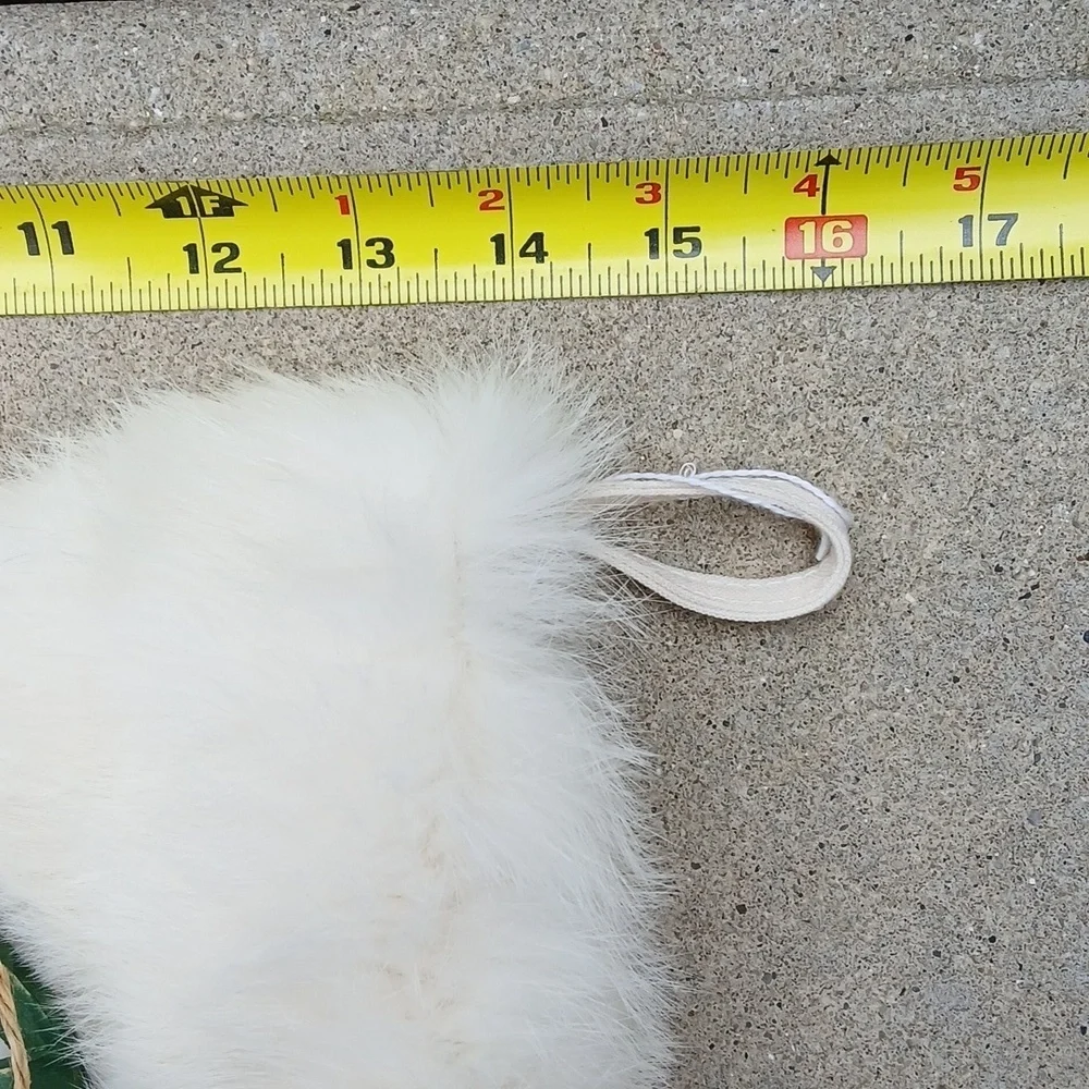 White Rabbit Fur Christmas Stocking with Red and Green Sled